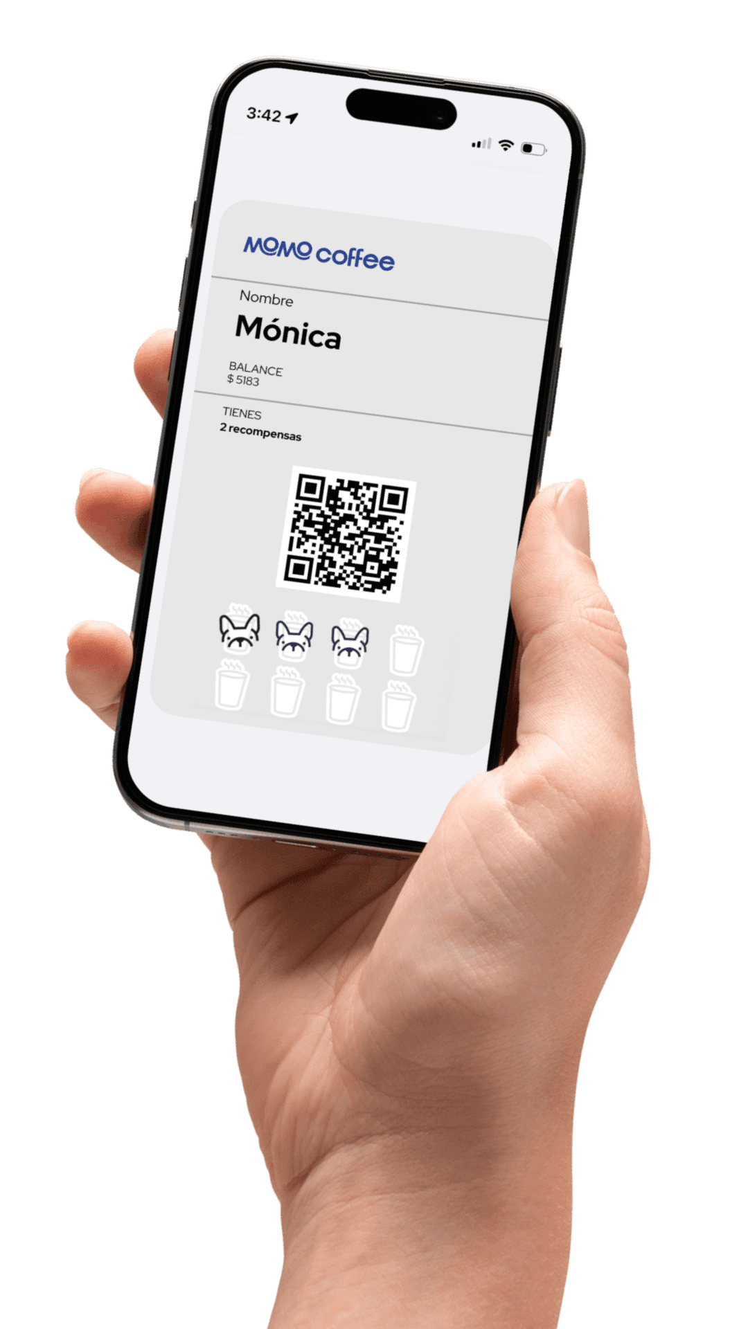 Tarjeta de lealtad digital MOMO Coffee en mano